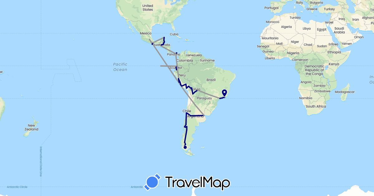 TravelMap itinerary: driving, plane in Argentina, Bolivia, Brazil, Belize, Chile, Ecuador, Guatemala, Mexico, Panama, Peru (North America, South America)